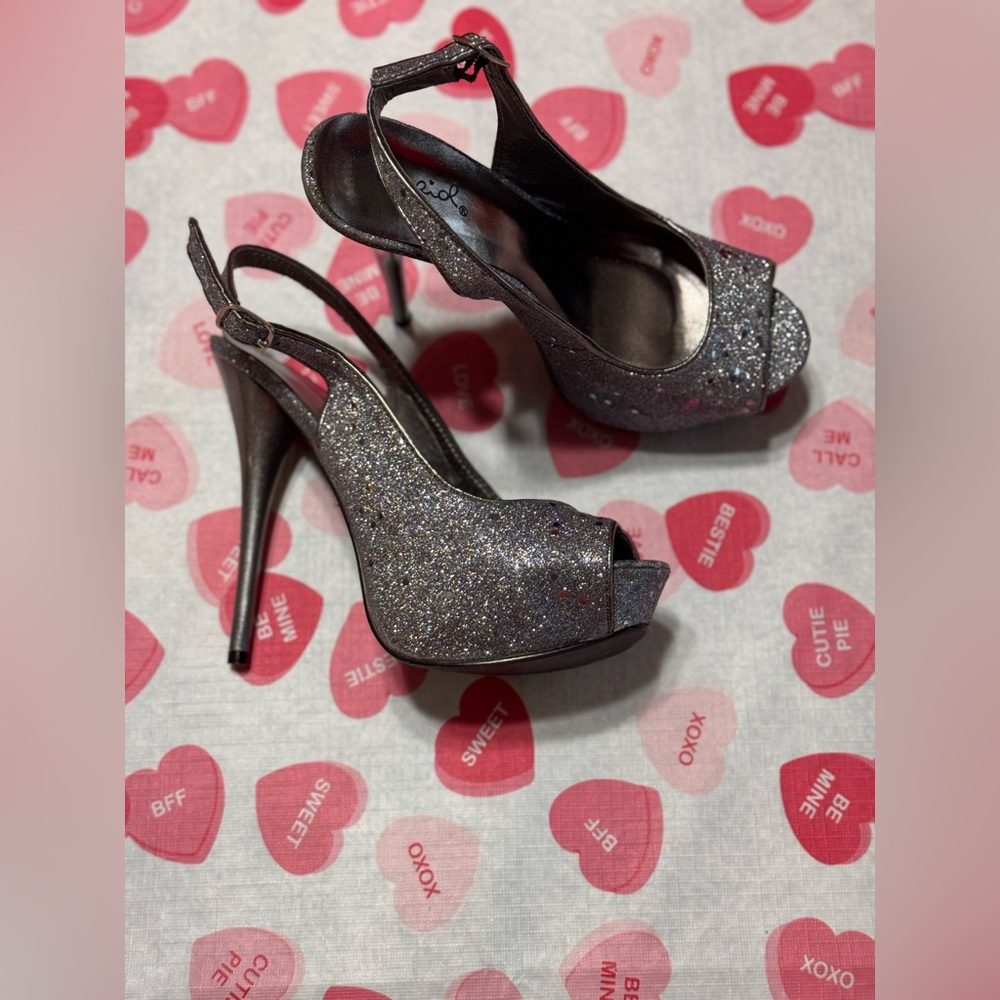 Qupid Sparkling Silver Peep-Toe Sling Back Stiletto Heels